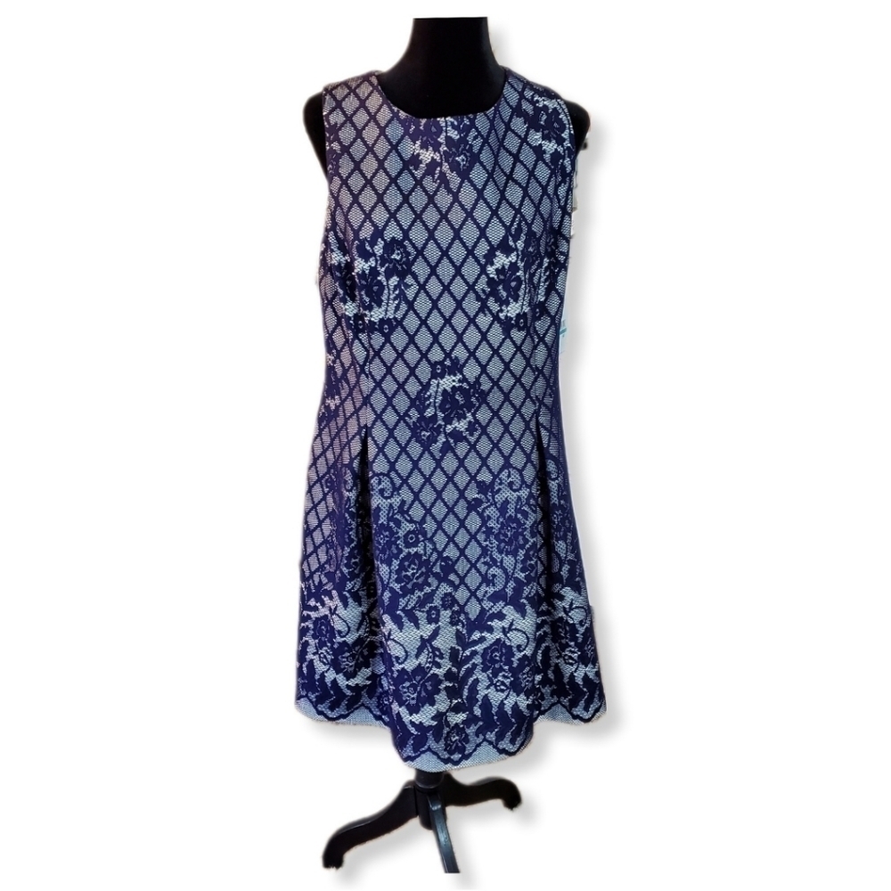NWOT J Howard Sleevless White Dress with Blue Lace Overlay Sz16